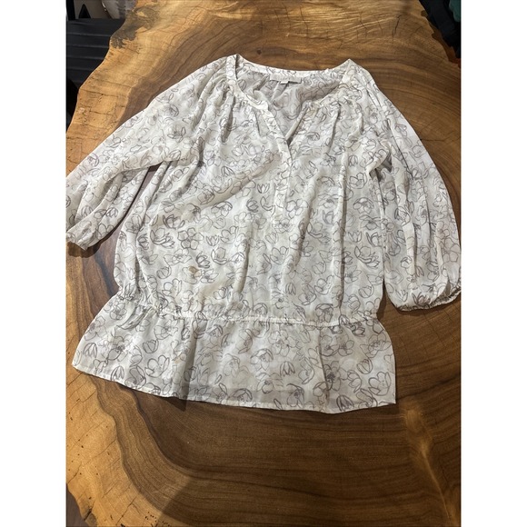 LOFT Tops - Ann Taylor Loft Womens Gray Tan Floral V-Neck 3/4 Sleeve Blouse Size M